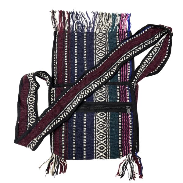 Handwoven Cloth Cross Body Handbag with Fringe - Hand Crafted Hippie Style Purse on Sale - Image 4